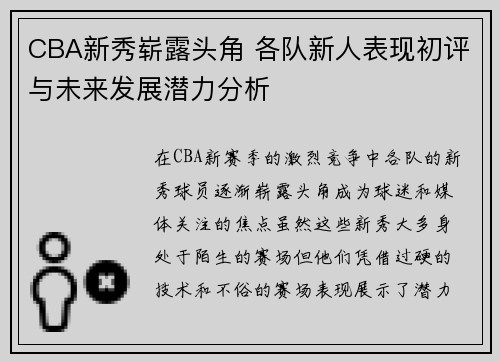 CBA新秀崭露头角 各队新人表现初评与未来发展潜力分析