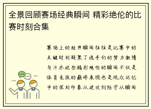 全景回顾赛场经典瞬间 精彩绝伦的比赛时刻合集
